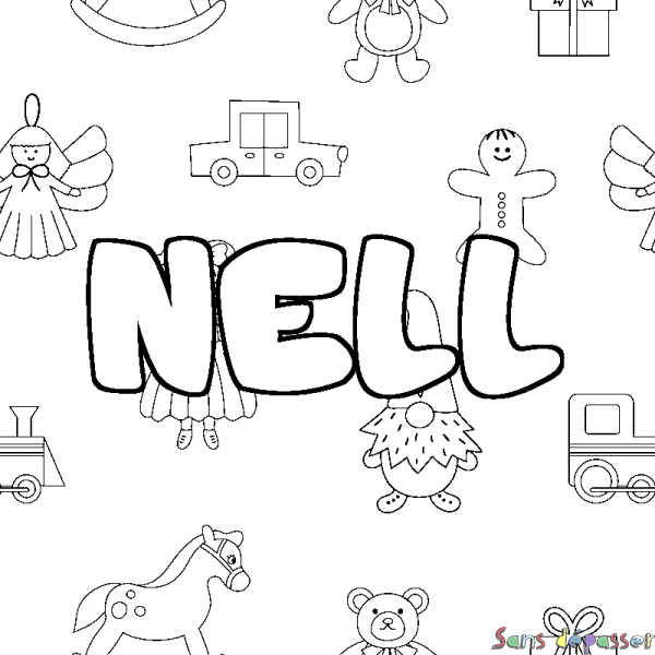 Coloriage pr&eacute;nom NELL - d&eacute;cor Jouets