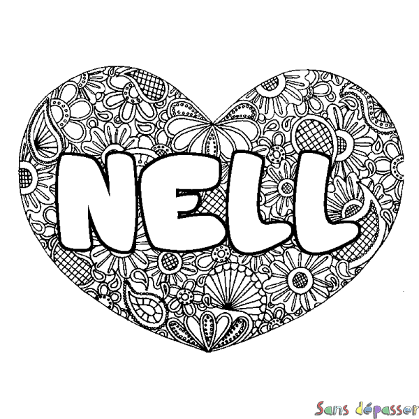 Coloriage pr&eacute;nom NELL - d&eacute;cor Mandala coeur