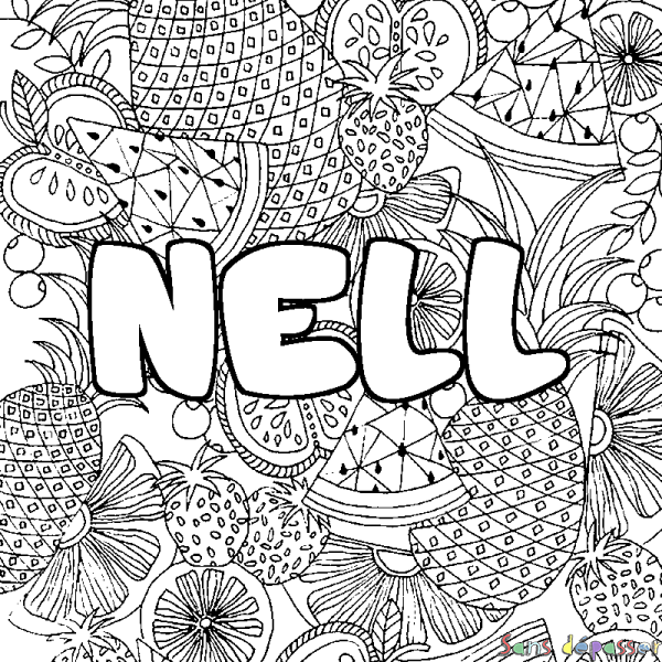 Coloriage pr&eacute;nom NELL - d&eacute;cor Mandala fruits