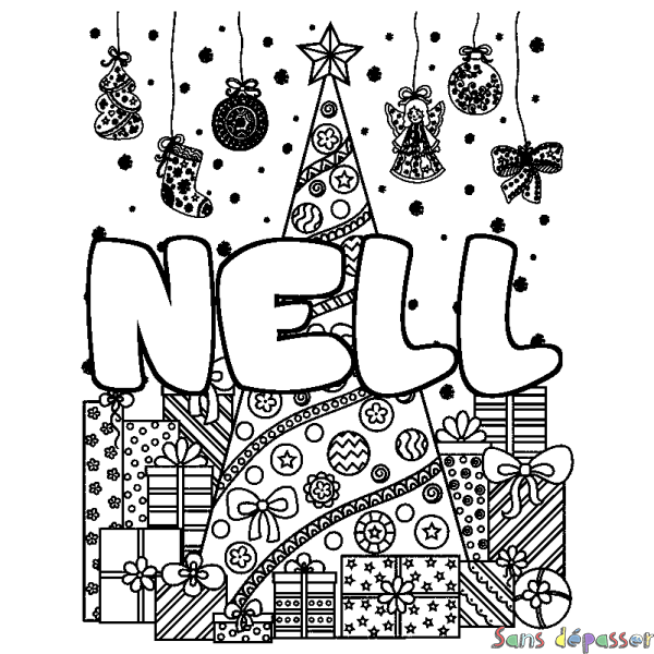 Coloriage pr&eacute;nom NELL - d&eacute;cor Sapin et Cadeaux
