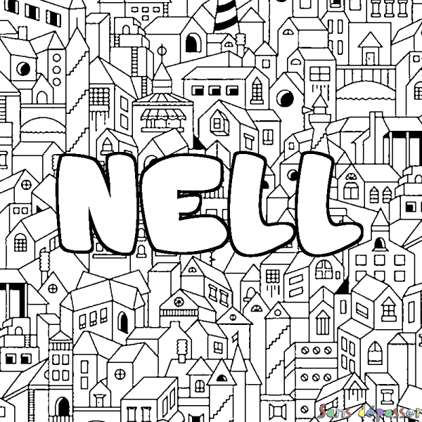 Coloriage pr&eacute;nom NELL - d&eacute;cor Ville
