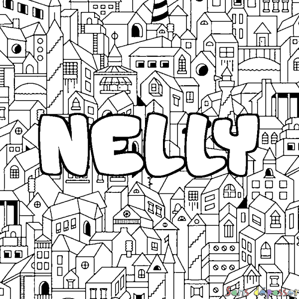Coloriage pr&eacute;nom NELLY - d&eacute;cor Ville