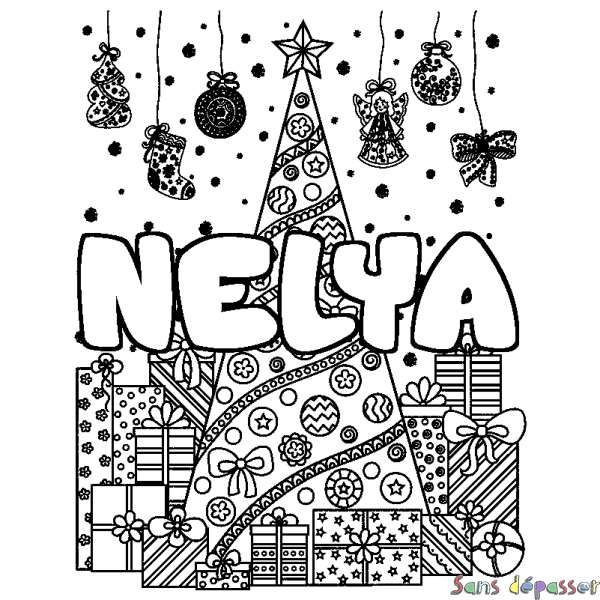 Coloriage pr&eacute;nom NELYA - d&eacute;cor Sapin et Cadeaux