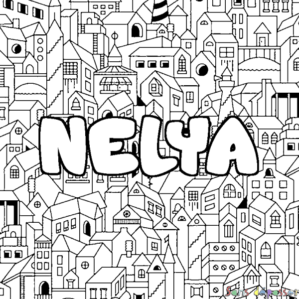 Coloriage pr&eacute;nom NELYA - d&eacute;cor Ville