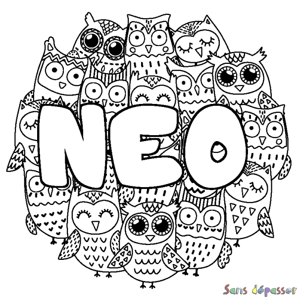 Coloriage pr&eacute;nom NEO - d&eacute;cor Chouettes