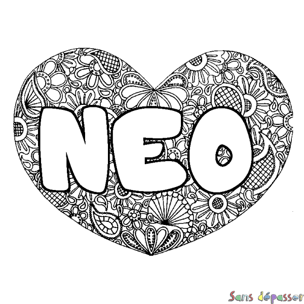 Coloriage pr&eacute;nom NEO - d&eacute;cor Mandala coeur