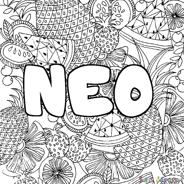 Coloriage pr&eacute;nom NEO - d&eacute;cor Mandala fruits