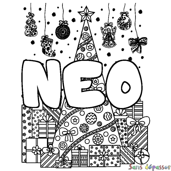 Coloriage prénom NEO - d&eacute;cor Sapin et Cadeaux