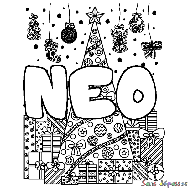 Coloriage pr&eacute;nom NEO - d&eacute;cor Sapin et Cadeaux