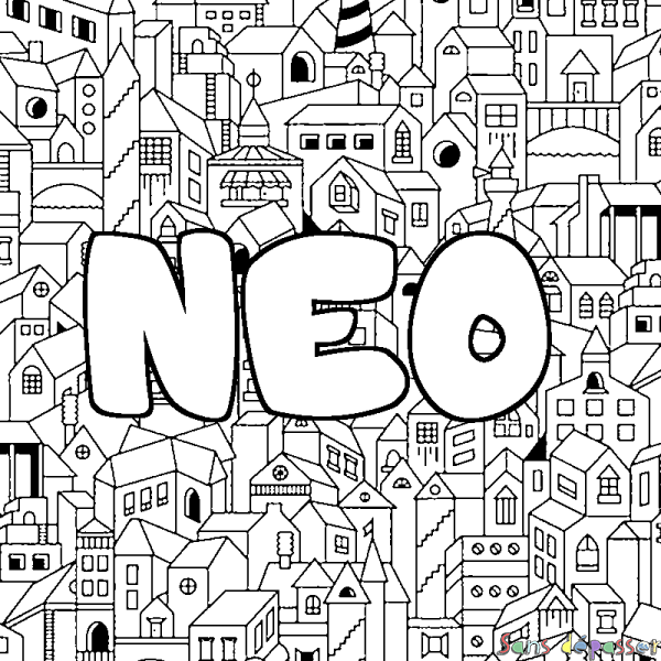Coloriage pr&eacute;nom NEO - d&eacute;cor Ville