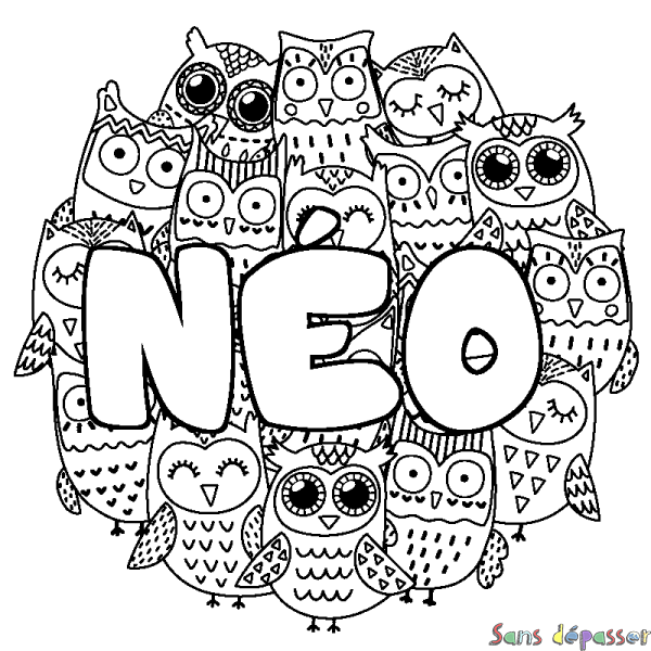Coloriage pr&eacute;nom N&Eacute;O - d&eacute;cor Chouettes