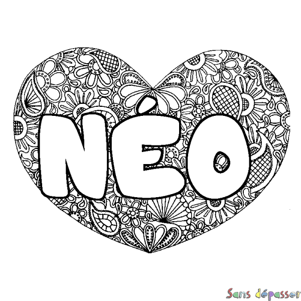 Coloriage pr&eacute;nom N&Eacute;O - d&eacute;cor Mandala coeur