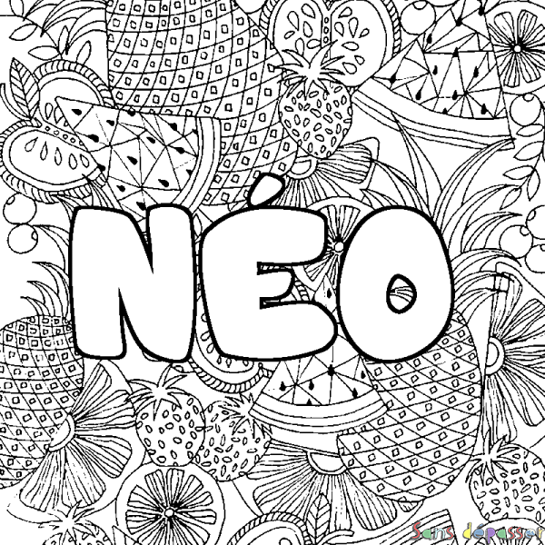 Coloriage pr&eacute;nom N&Eacute;O - d&eacute;cor Mandala fruits