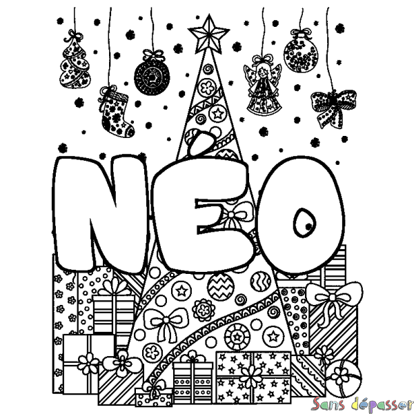 Coloriage pr&eacute;nom N&Eacute;O - d&eacute;cor Sapin et Cadeaux