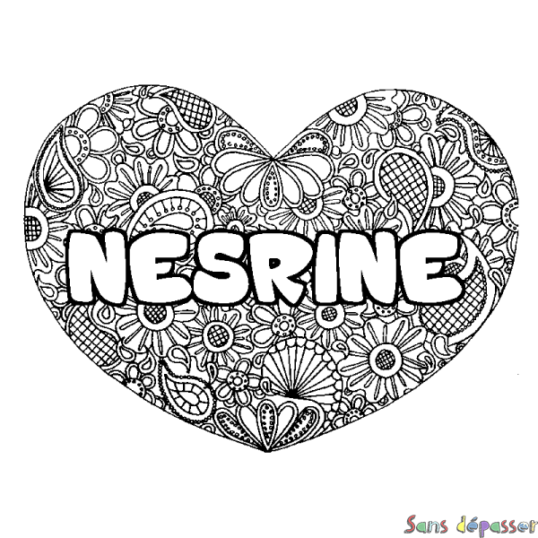 Coloriage pr&eacute;nom NESRINE - d&eacute;cor Mandala coeur