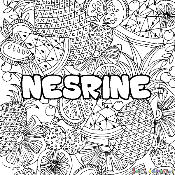 Coloriage pr&eacute;nom NESRINE - d&eacute;cor Mandala fruits