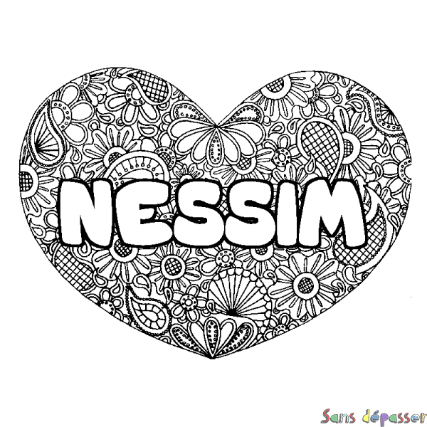 Coloriage pr&eacute;nom NESSIM - d&eacute;cor Mandala coeur