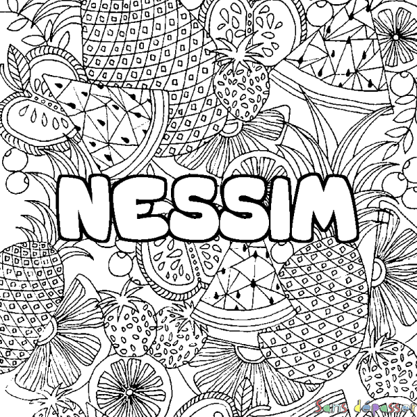 Coloriage pr&eacute;nom NESSIM - d&eacute;cor Mandala fruits