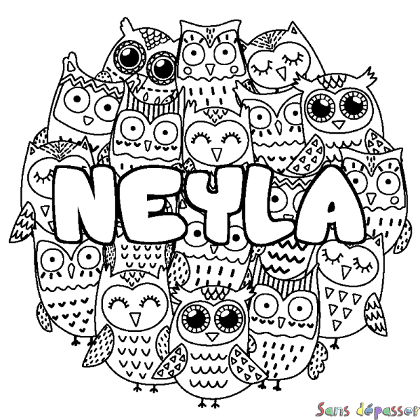 Coloriage pr&eacute;nom NEYLA - d&eacute;cor Chouettes