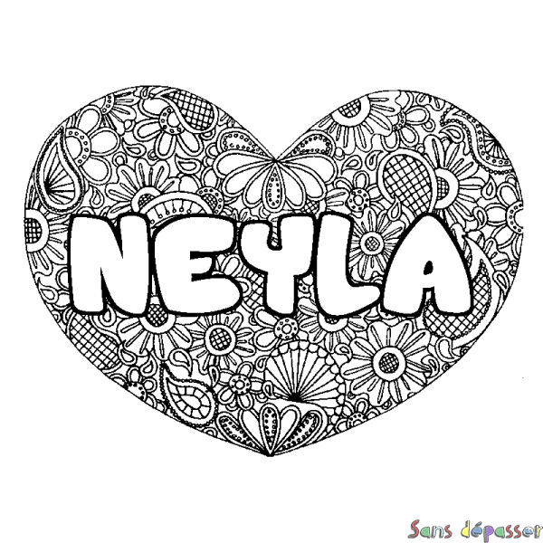 Coloriage pr&eacute;nom NEYLA - d&eacute;cor Mandala coeur