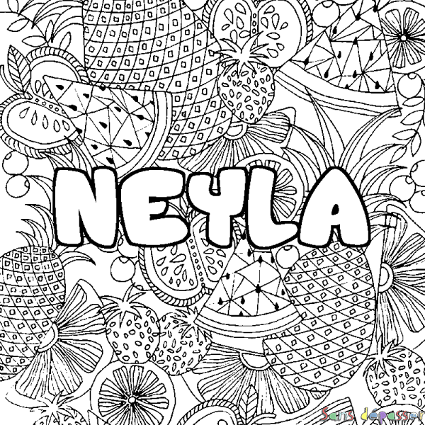 Coloriage pr&eacute;nom NEYLA - d&eacute;cor Mandala fruits