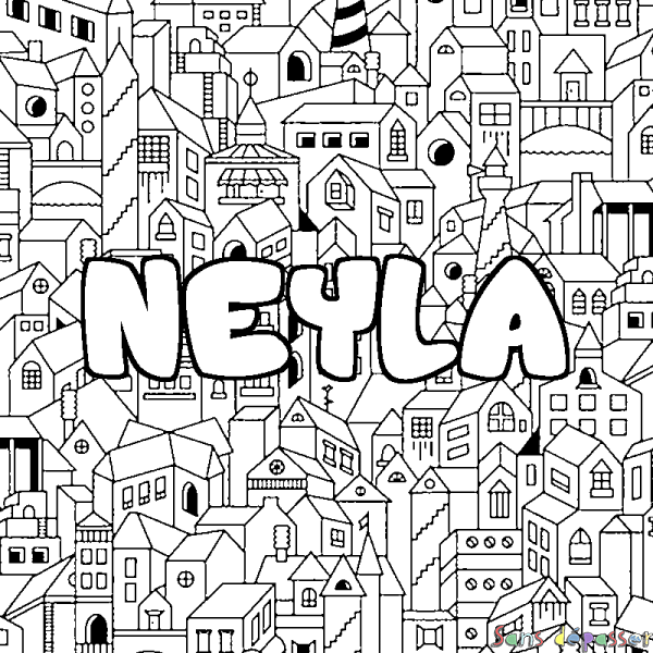 Coloriage pr&eacute;nom NEYLA - d&eacute;cor Ville
