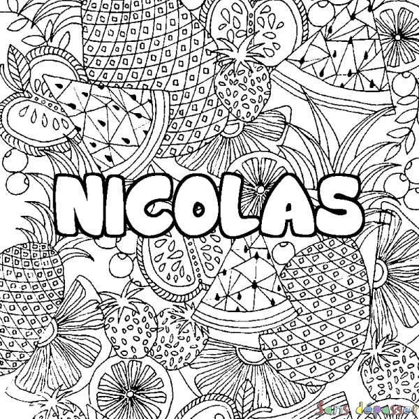 Coloriage prénom NICOLAS - d&eacute;cor Mandala fruits