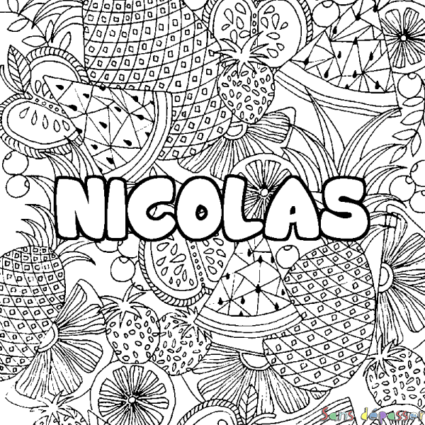 Coloriage pr&eacute;nom NICOLAS - d&eacute;cor Mandala fruits