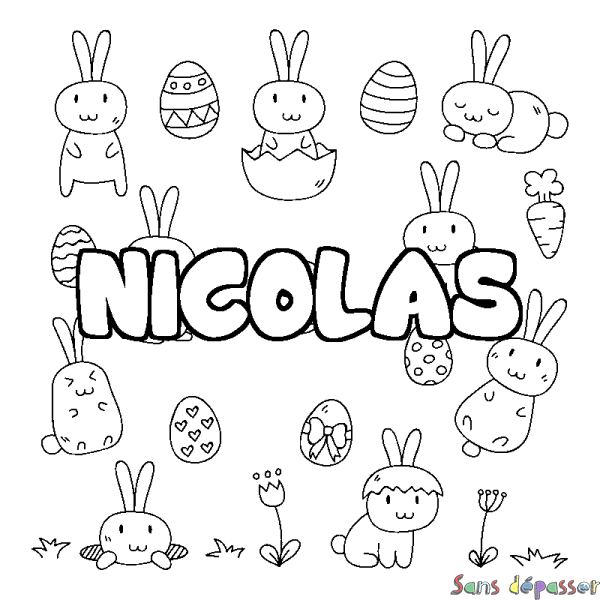 Coloriage pr&eacute;nom NICOLAS - d&eacute;cor Paques