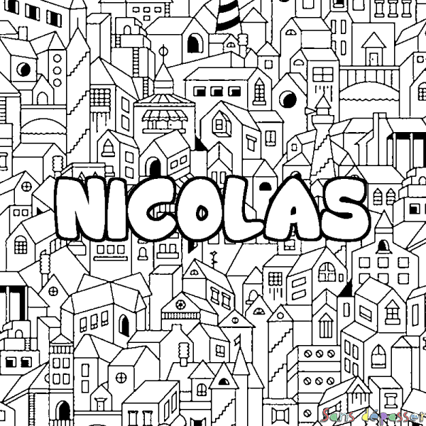 Coloriage prénom NICOLAS - d&eacute;cor Ville