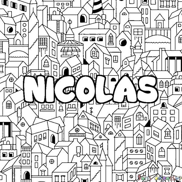 Coloriage pr&eacute;nom NICOLAS - d&eacute;cor Ville