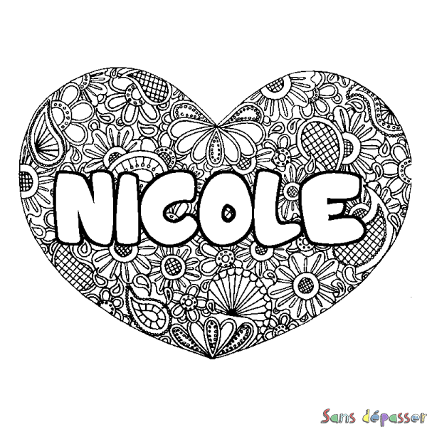 Coloriage pr&eacute;nom NICOLE - d&eacute;cor Mandala coeur