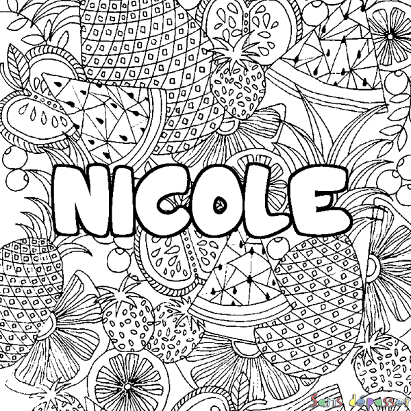 Coloriage pr&eacute;nom NICOLE - d&eacute;cor Mandala fruits