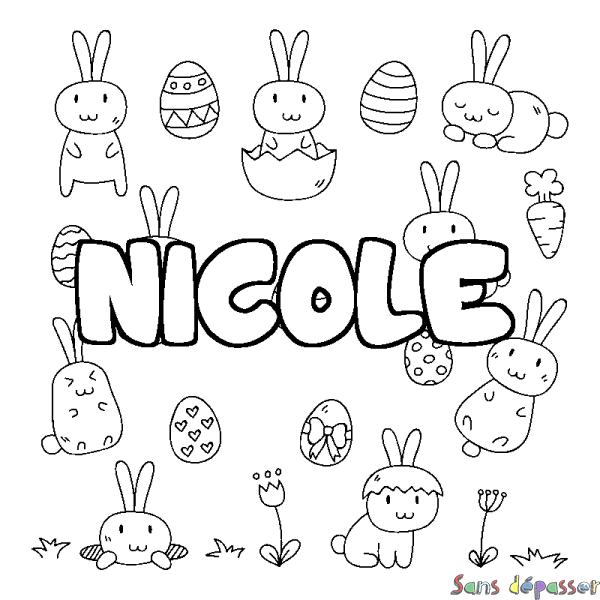Coloriage pr&eacute;nom NICOLE - d&eacute;cor Paques