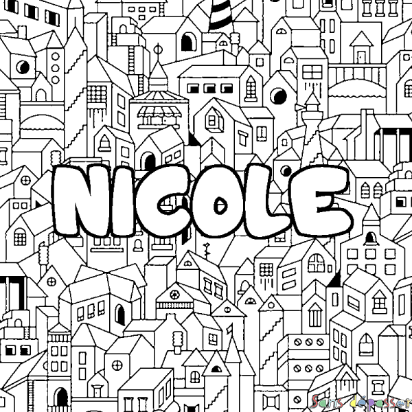 Coloriage pr&eacute;nom NICOLE - d&eacute;cor Ville