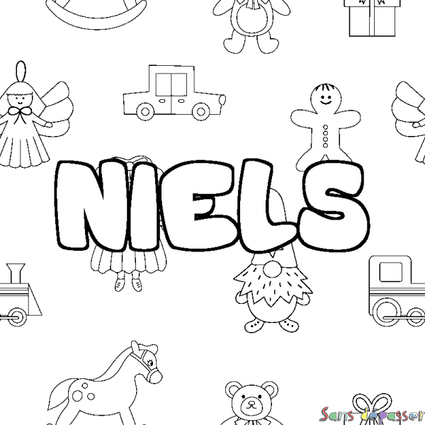 Coloriage pr&eacute;nom NIELS - d&eacute;cor Jouets