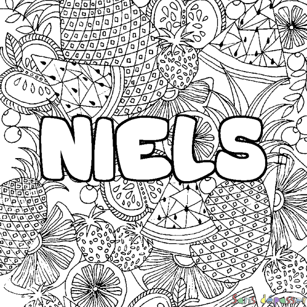Coloriage pr&eacute;nom NIELS - d&eacute;cor Mandala fruits