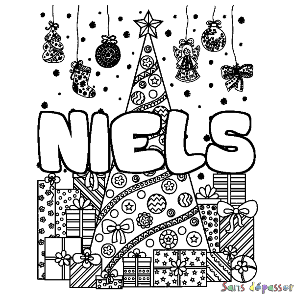 Coloriage pr&eacute;nom NIELS - d&eacute;cor Sapin et Cadeaux