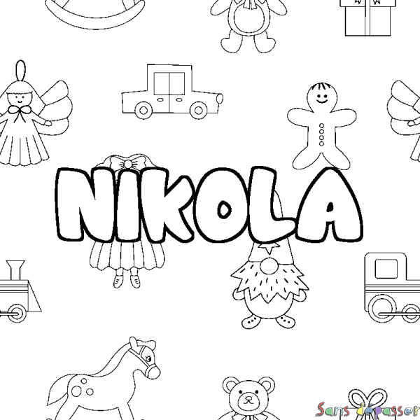 Coloriage pr&eacute;nom NIKOLA - d&eacute;cor Jouets