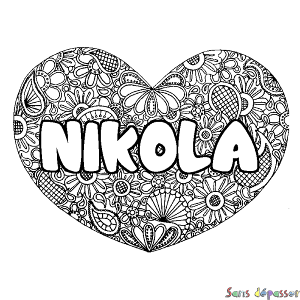 Coloriage pr&eacute;nom NIKOLA - d&eacute;cor Mandala coeur