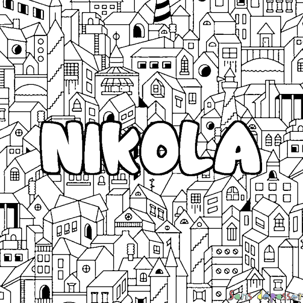 Coloriage pr&eacute;nom NIKOLA - d&eacute;cor Ville