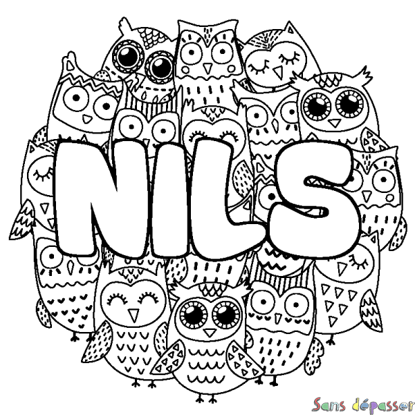 Coloriage pr&eacute;nom NILS - d&eacute;cor Chouettes