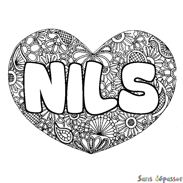 Coloriage pr&eacute;nom NILS - d&eacute;cor Mandala coeur