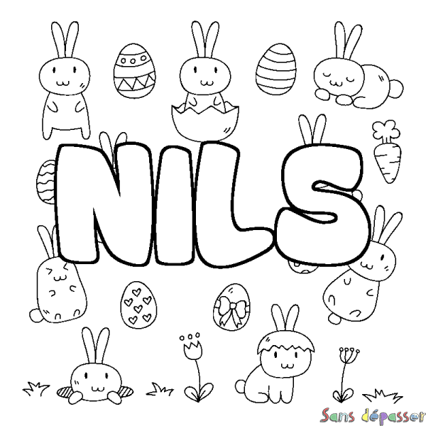 Coloriage pr&eacute;nom NILS - d&eacute;cor Paques