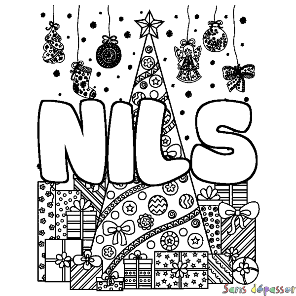 Coloriage pr&eacute;nom NILS - d&eacute;cor Sapin et Cadeaux