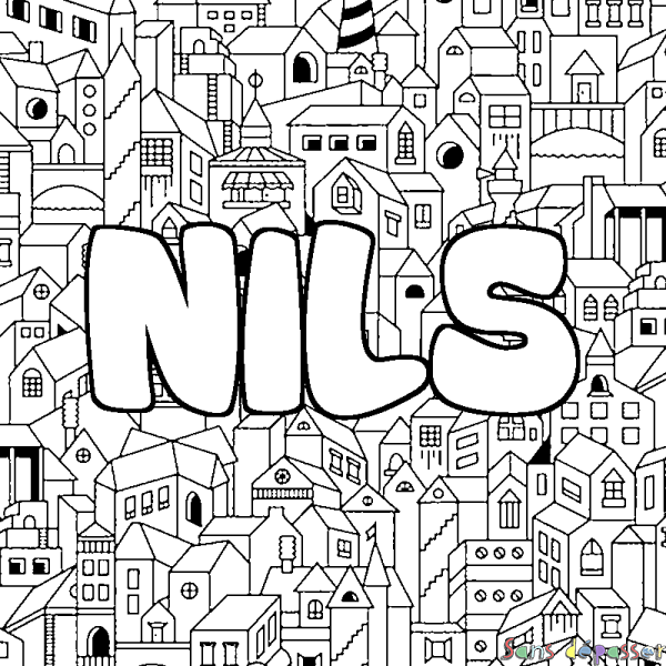 Coloriage pr&eacute;nom NILS - d&eacute;cor Ville