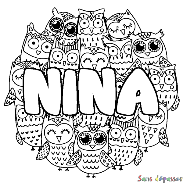 Coloriage pr&eacute;nom NINA - d&eacute;cor Chouettes