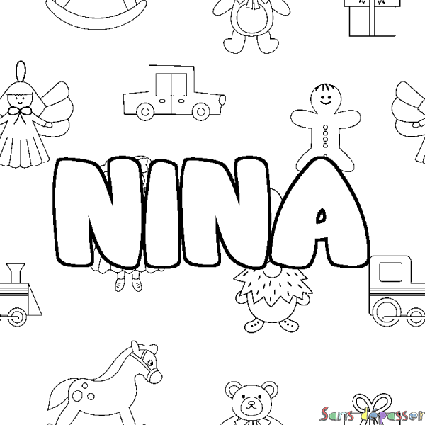 Coloriage pr&eacute;nom NINA - d&eacute;cor Jouets