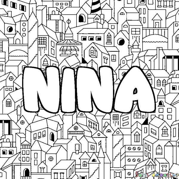 Coloriage pr&eacute;nom NINA - d&eacute;cor Ville