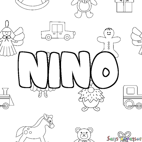 Coloriage pr&eacute;nom NINO - d&eacute;cor Jouets
